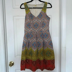 London Times Mandala Paisley Print Sleeveless Pleated Dress Yellow Red Size 8
